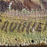 Oil painting on canvas "Landscape with Haystacks and Village" signed Post-Impressionist