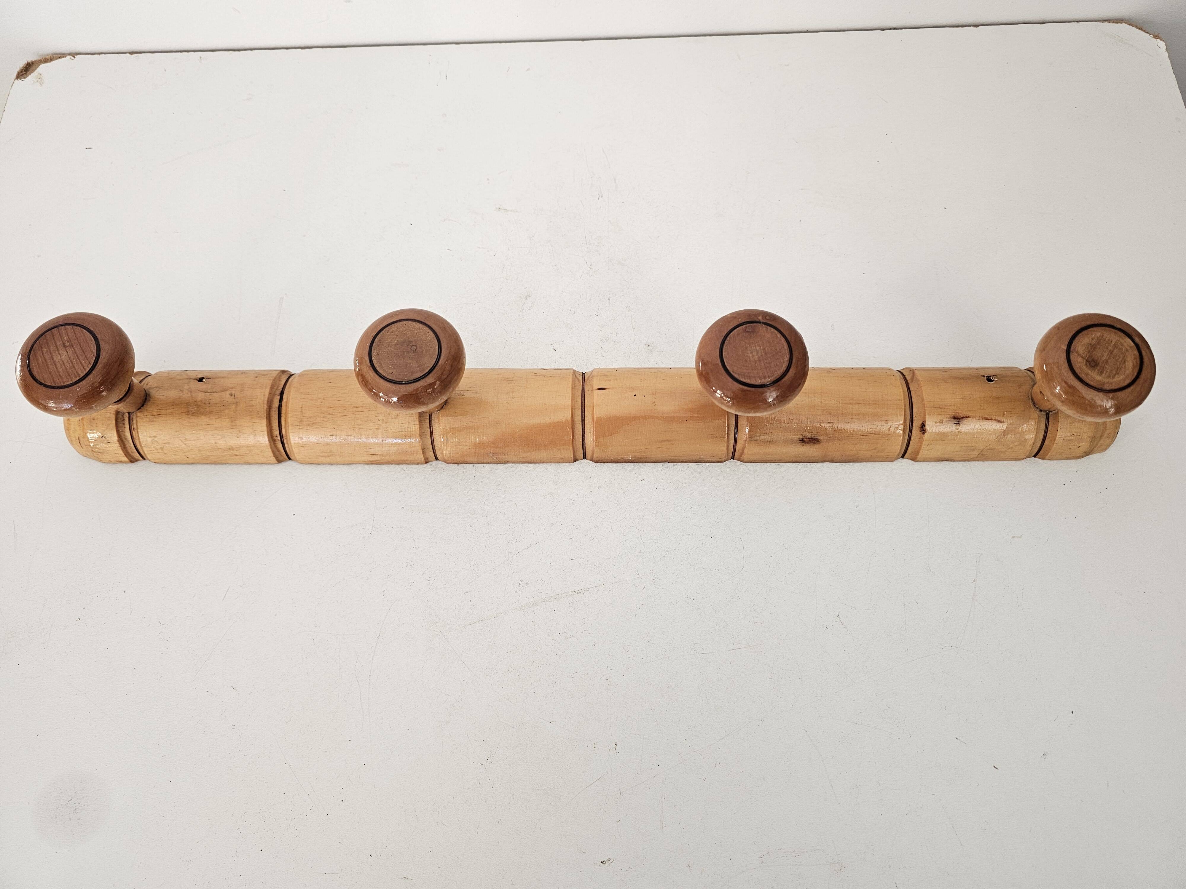 Vintage wooden wall coat rack in bamboo style (4 hooks) 50s 60s