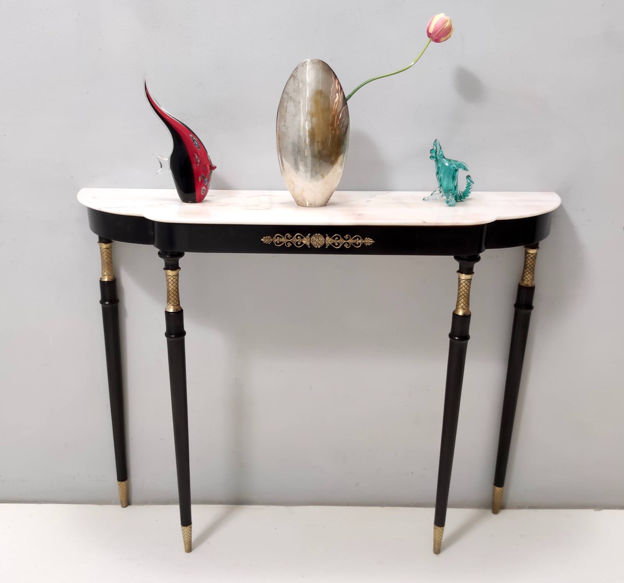Vintage black lacquered beech console with a portuguese pink marble top, italy