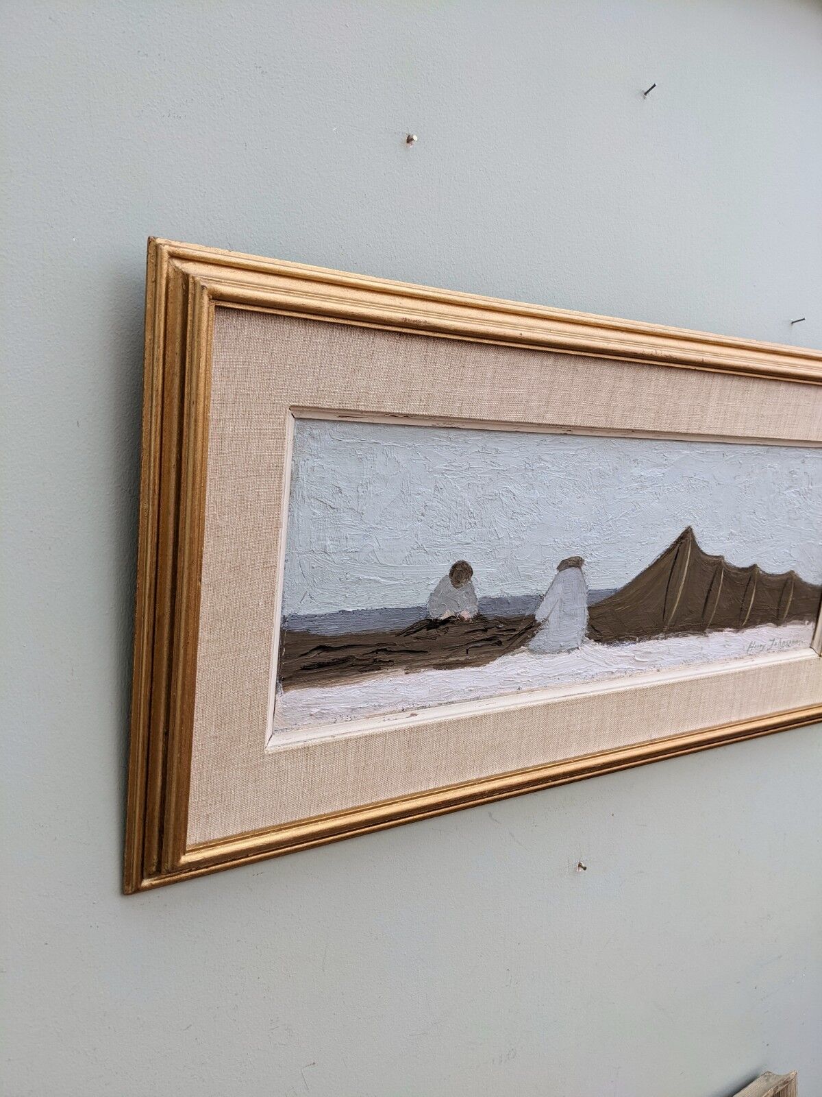 Mid-Century Modern "By the Shore" Swedish Seascape Oil Painting, Framed