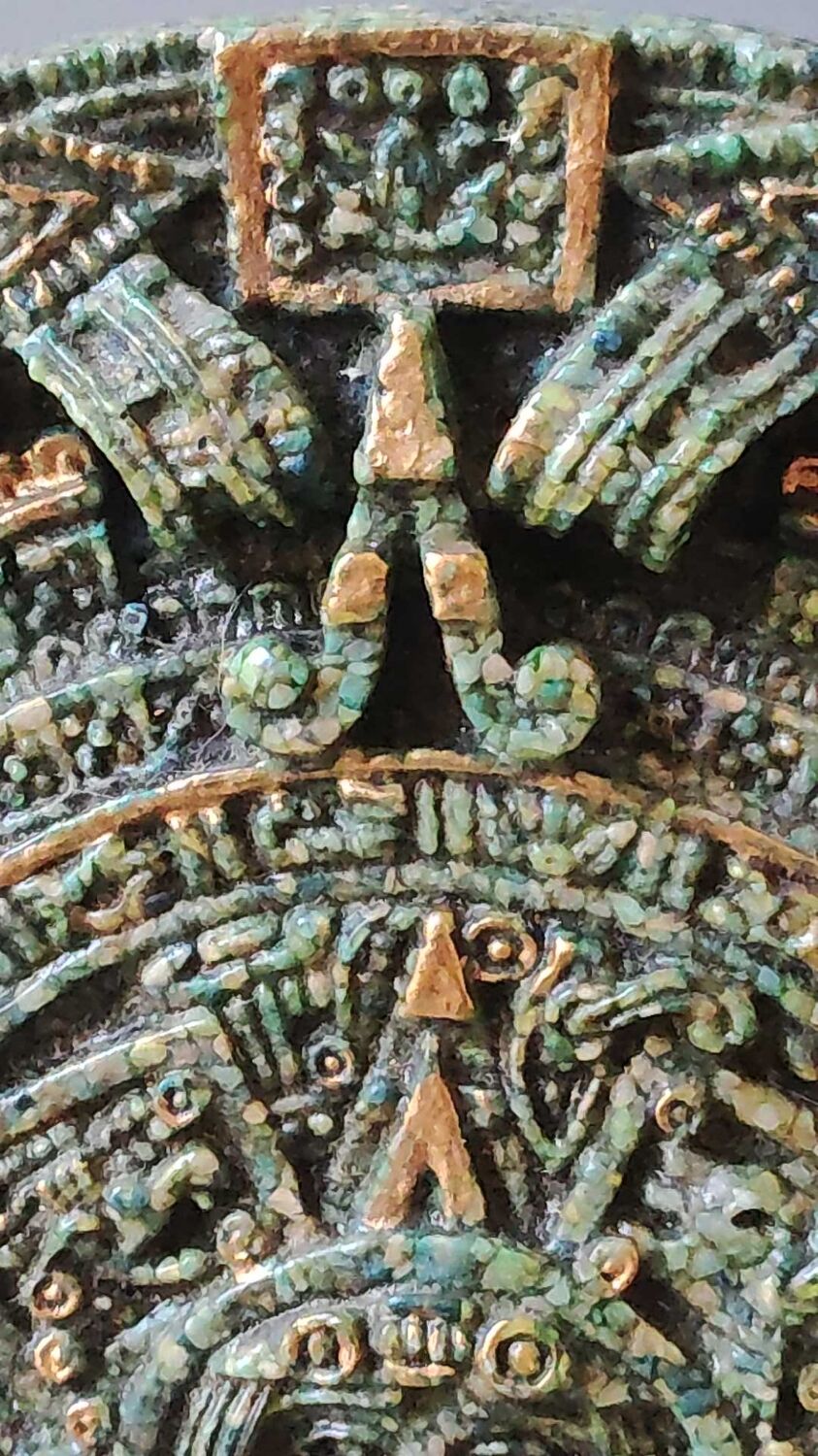 Aztec/Mayan wall solar mirror, in crushed Malachite stone, gold highlights