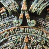 Aztec/Mayan wall solar mirror, in crushed Malachite stone, gold highlights