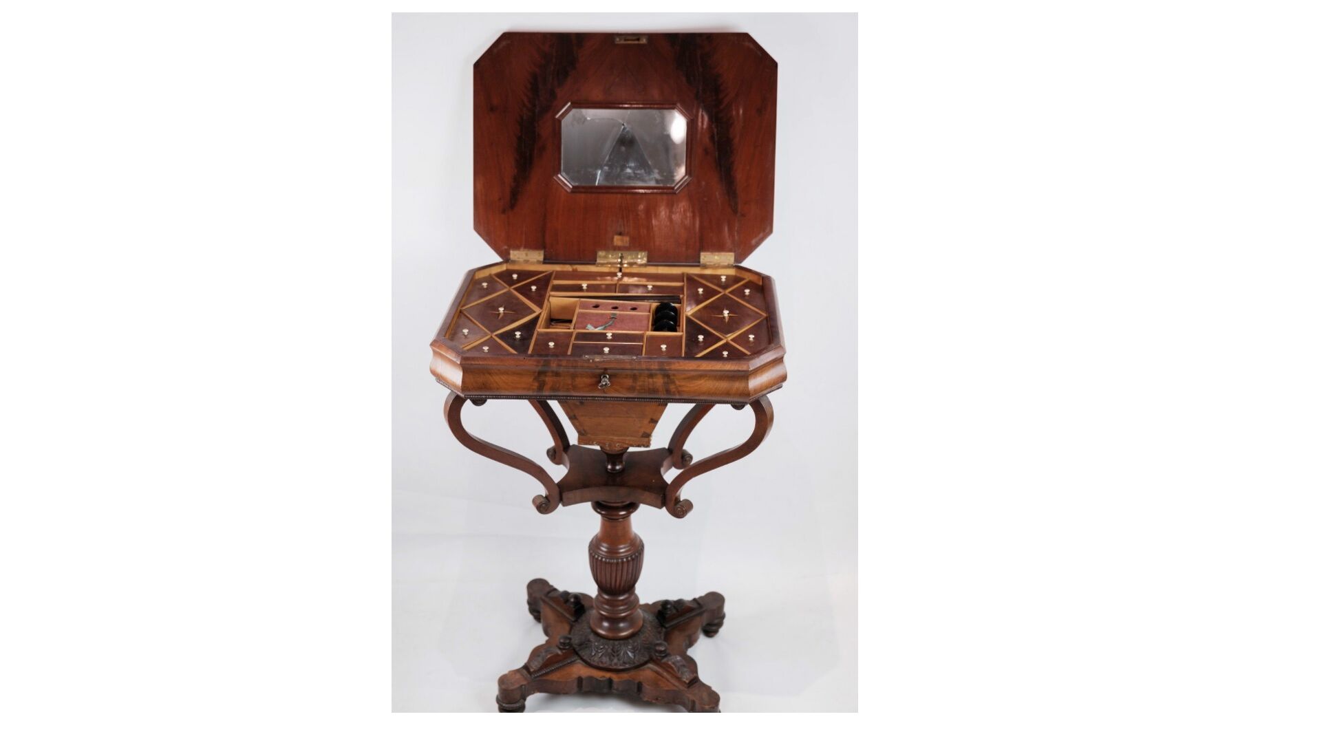 Antique mahogany sewing table on a pillar from around the year 1840s