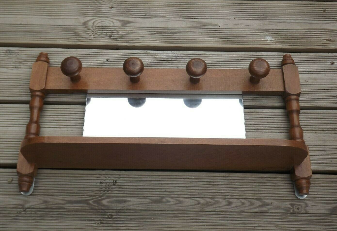 Vintage wooden wall coat rack with mirror and hooks, French, 3529