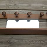 Vintage wooden wall coat rack with mirror and hooks, French, 3529
