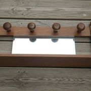Vintage wooden wall coat rack with mirror and hooks, French, 3529