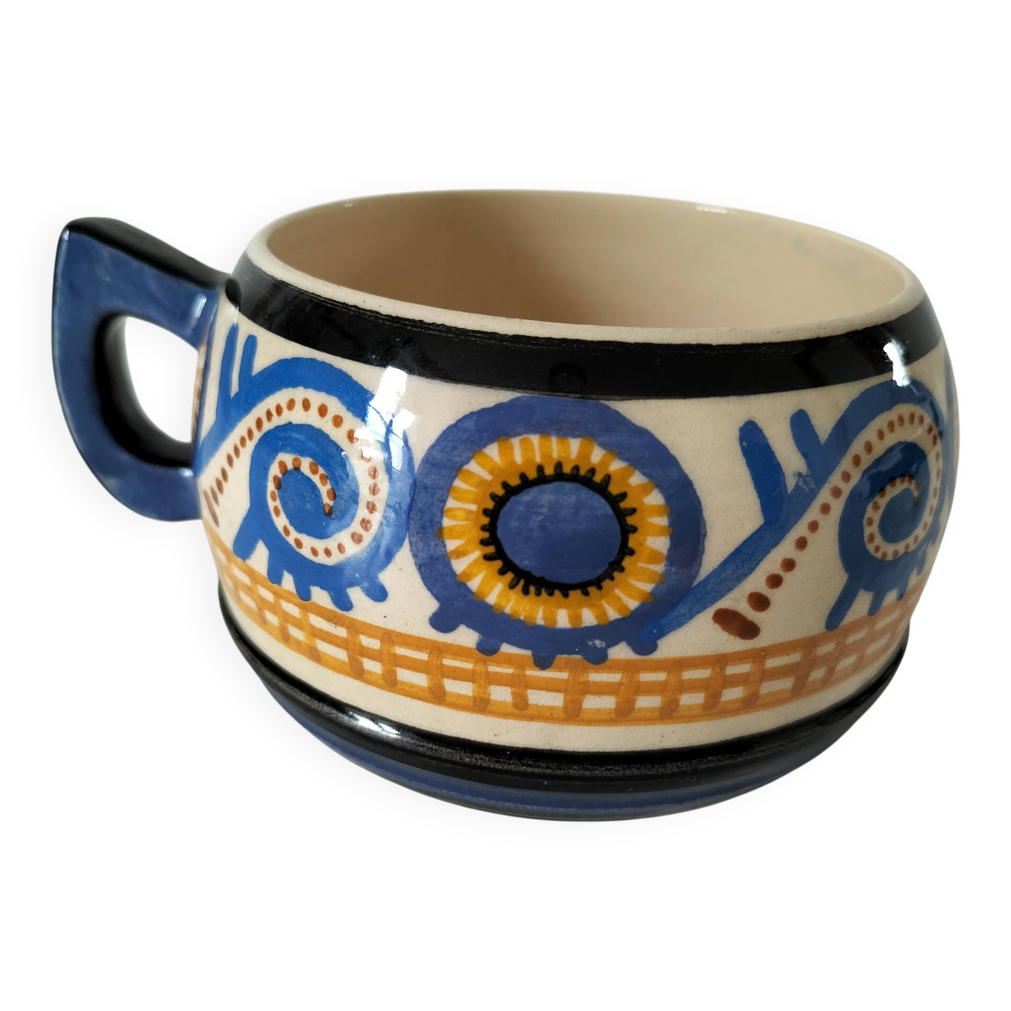 Quimper cup Paul Fouillen stylised decoration blue ochre circa 1940