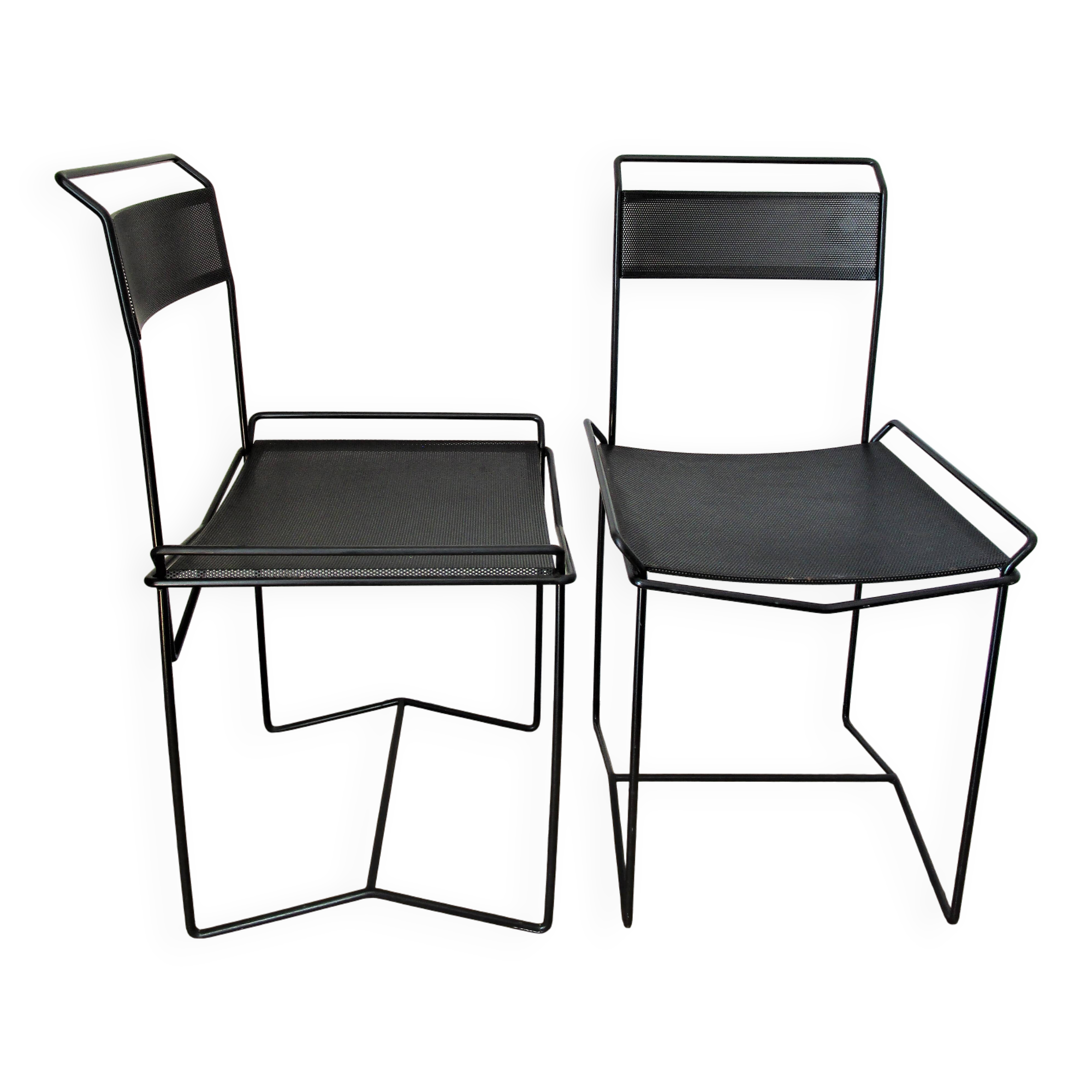 Pair of perforated metal steel chairs from the 80s