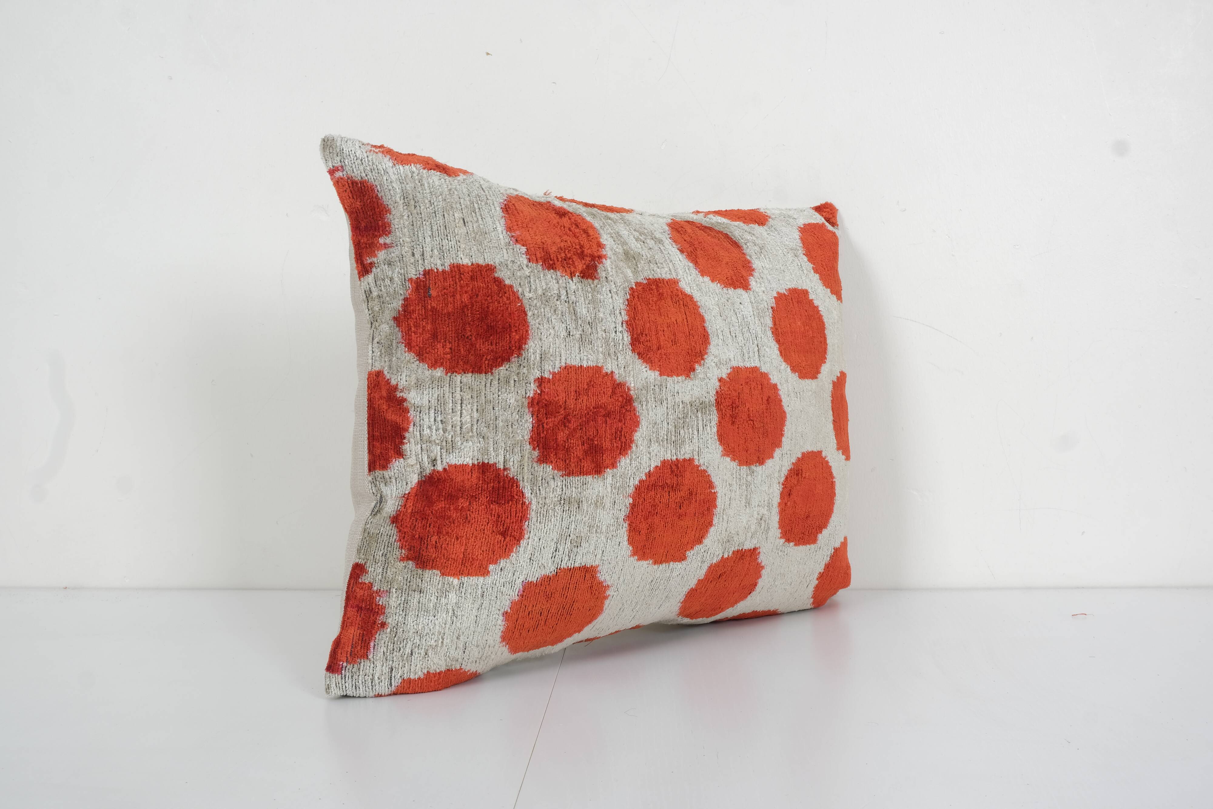 Red Silk Ikat Velvet Pillow Cover, Tribal Polka Dot Ikat Lumbar Cushion Cover, Decorative Pillowcase