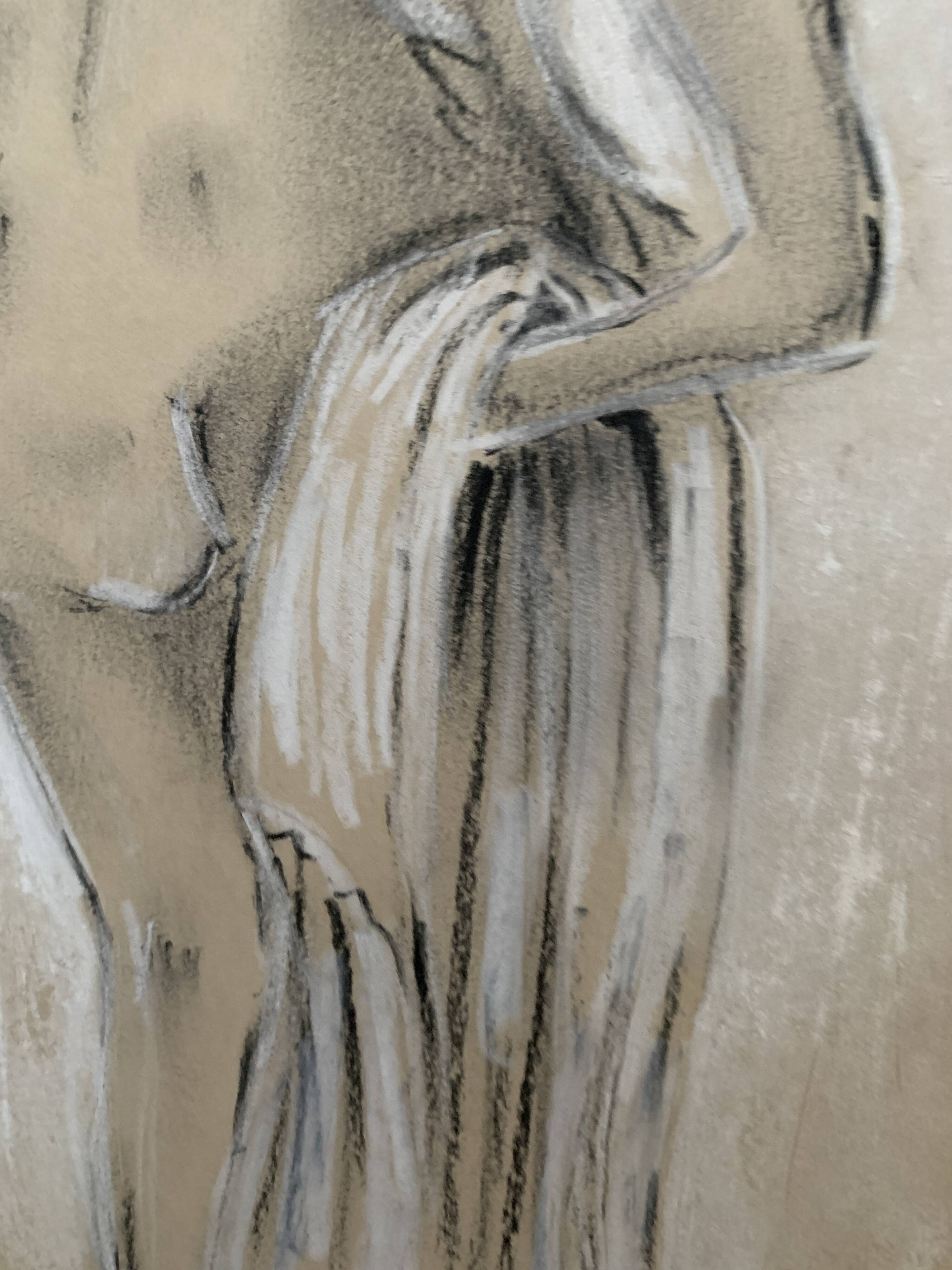 Signed charcoal pastel white portrait of a woman "the white towel"