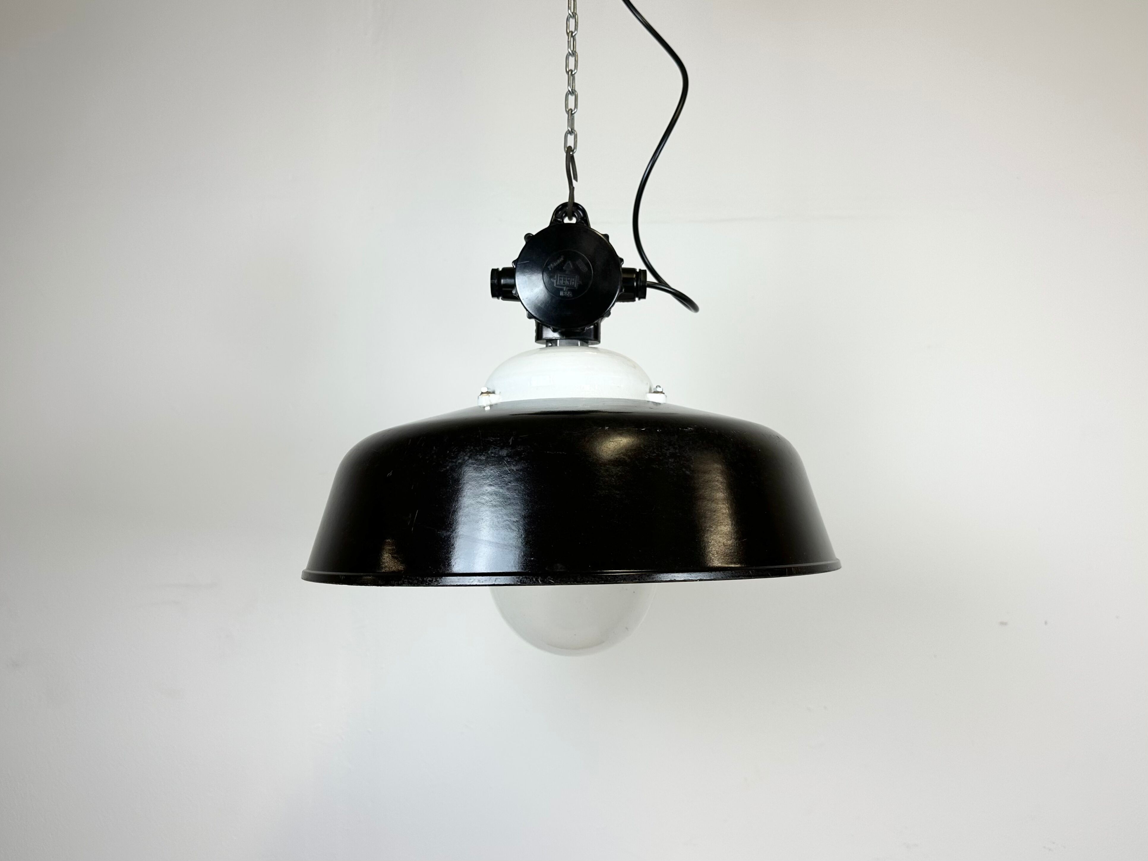 Industrial black enamel lamp with glass cover, 1950s