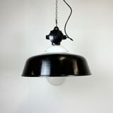 Industrial black enamel lamp with glass cover, 1950s
