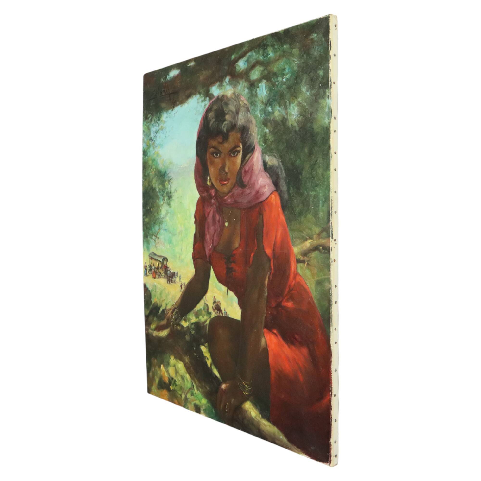 Large Painting Gypsy Young Woman Oil on Canvas 1964