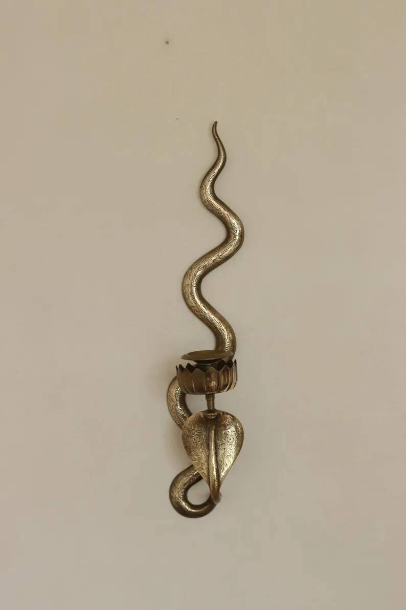 Pair of Egyptian Revival Style Engraved Brass Cobra Sconces