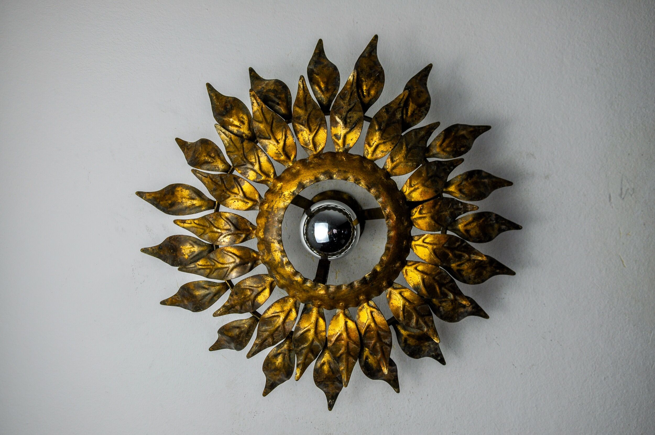 Sun wall lamp by ferro arte, metal and gold leaf, Spain, 1960
