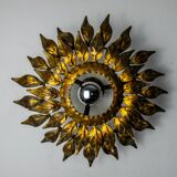 Sun wall lamp by ferro arte, metal and gold leaf, Spain, 1960