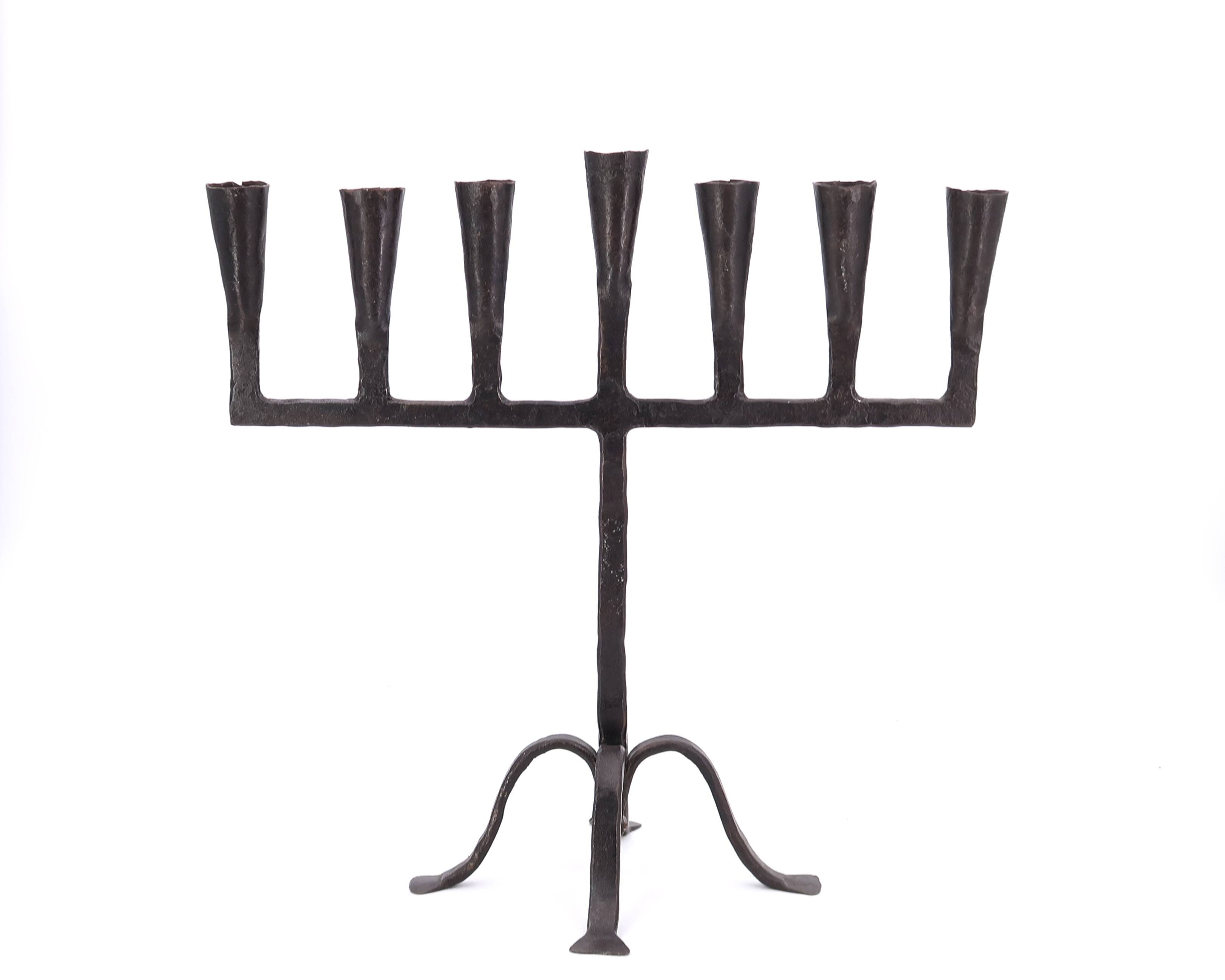 7-branch wrought iron Menorah candle holder, 1950s