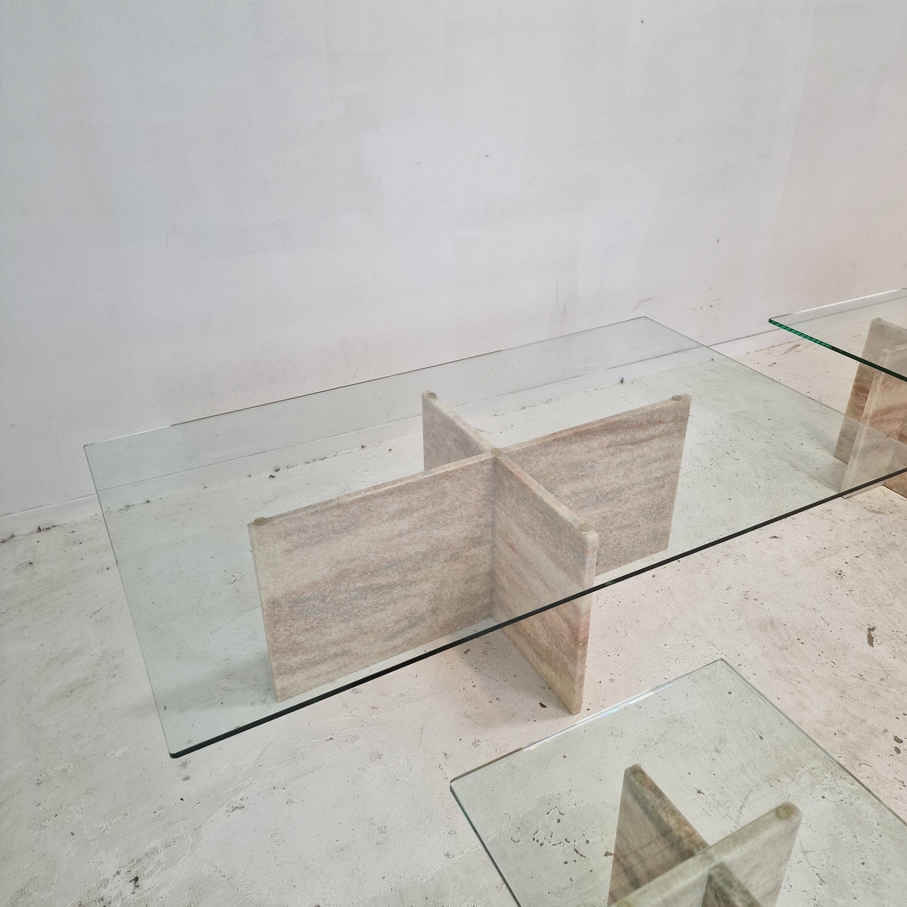 Set of 3 Italian Marble Coffee or Side Tables with Glass, 1980s