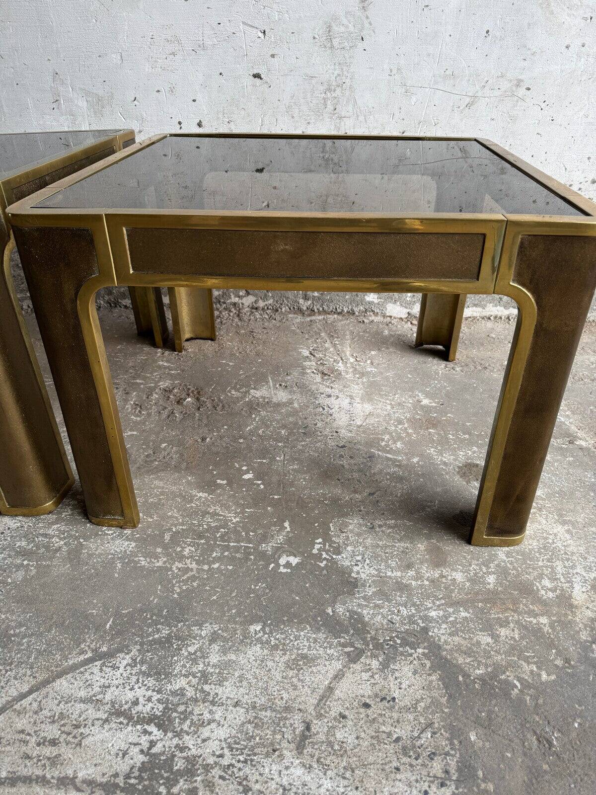 Pair of Gold Bronze Side Tables with Smoked Glass Tops — Solid Bronze, 1970s Belgian Design