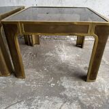 Pair of Gold Bronze Side Tables with Smoked Glass Tops — Solid Bronze, 1970s Belgian Design