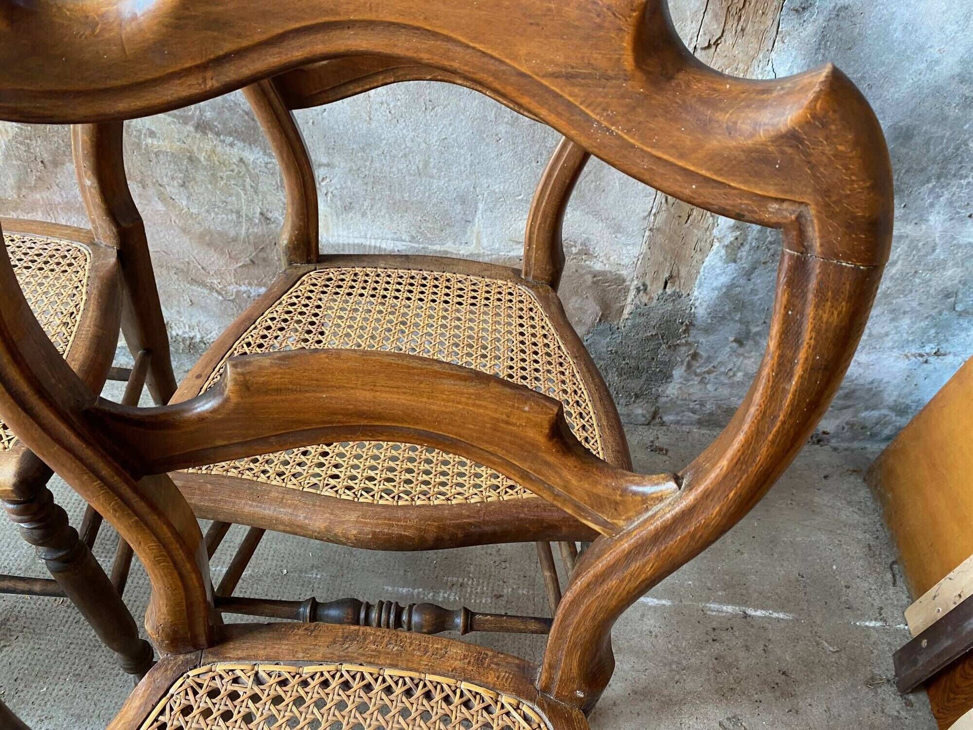 Set of 7 antique chairs canning and wood 1900s