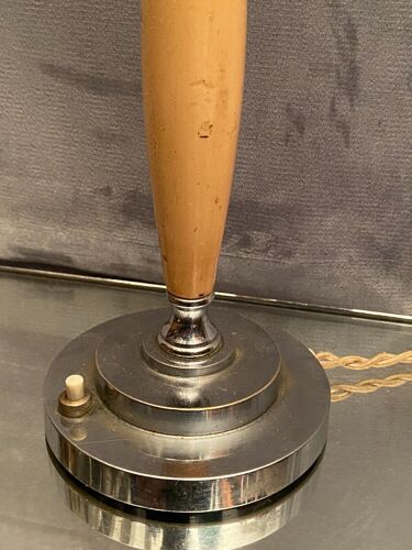 Pied de lampe en bois sur monture en métal chromé design 1930-1950