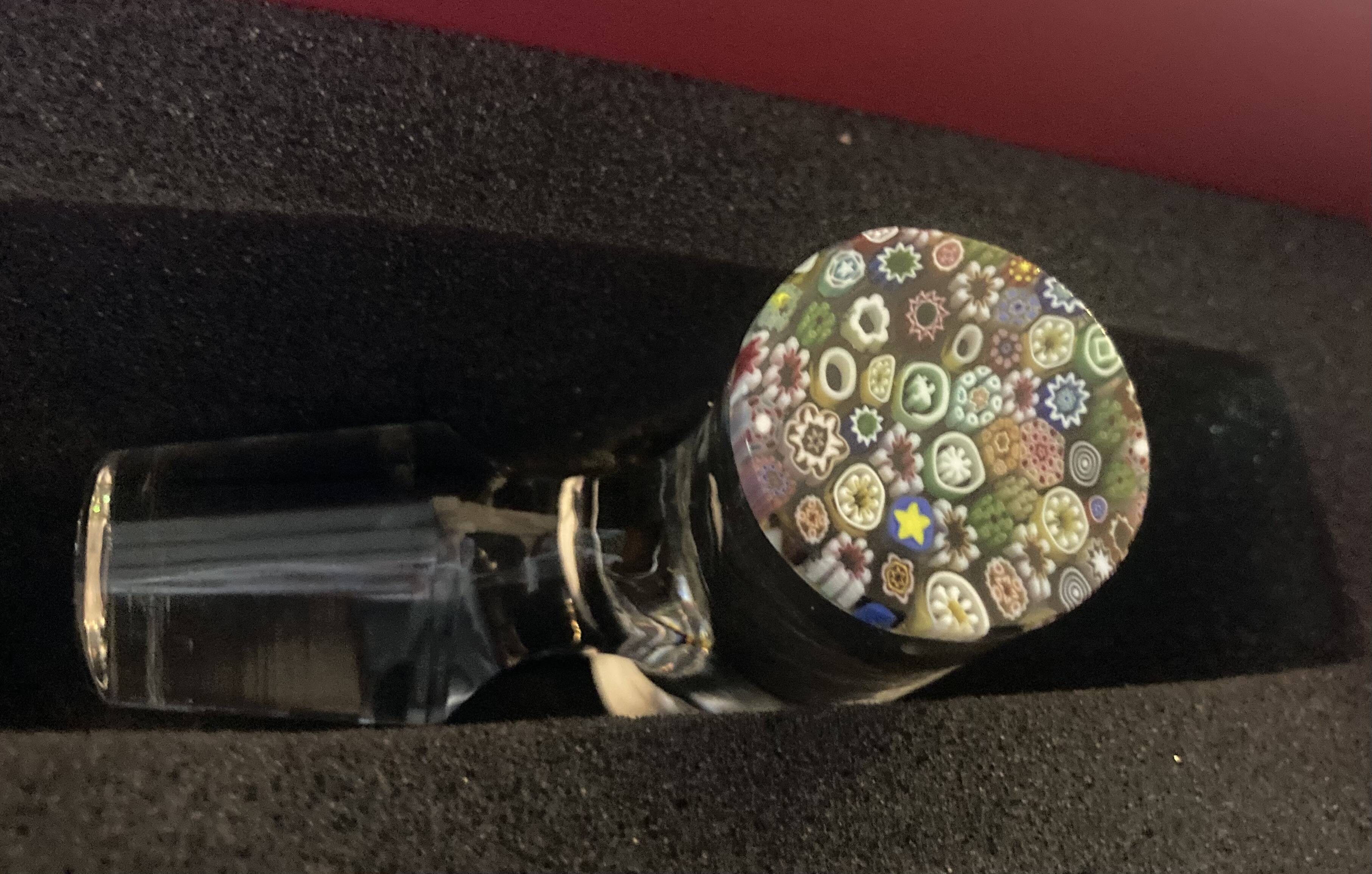 Baccarat crystal carafe with millefiori stopper and original box.