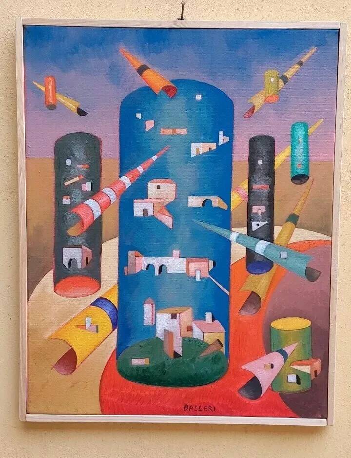 Peinture abstraite, cubisme, franco balleri huile sur toile 'le case alte'