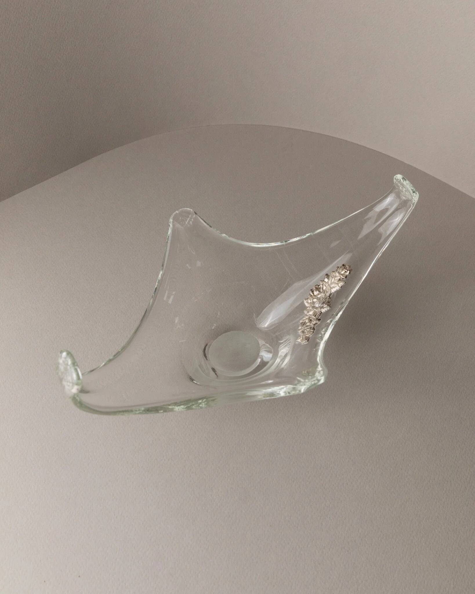 Transparent Murano Glass Bowl with Sterling Silver Flowers – Pointed, Italy 1970s Gift-worthy Centerpiece