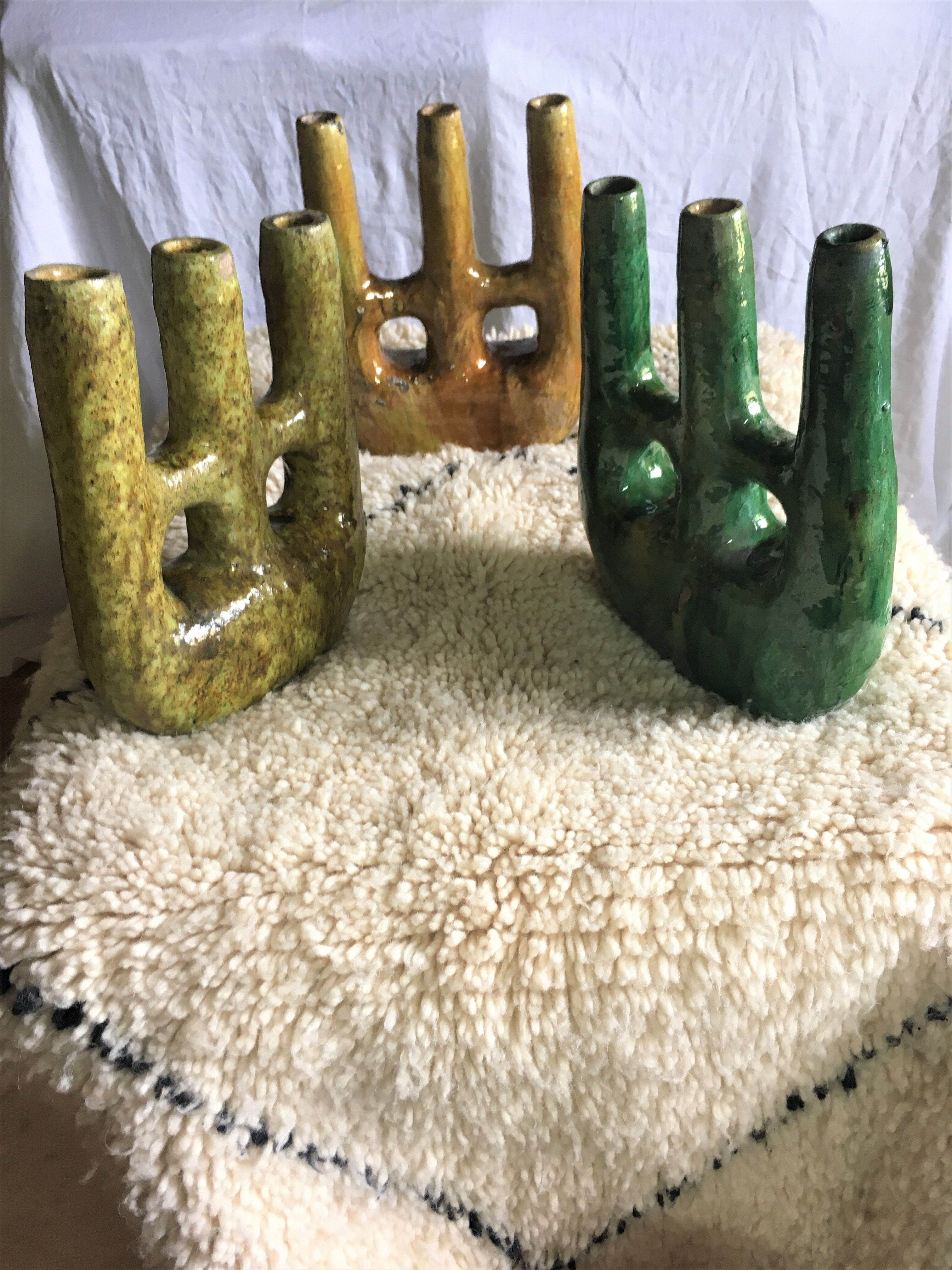 Enamelled terracotta candle holder