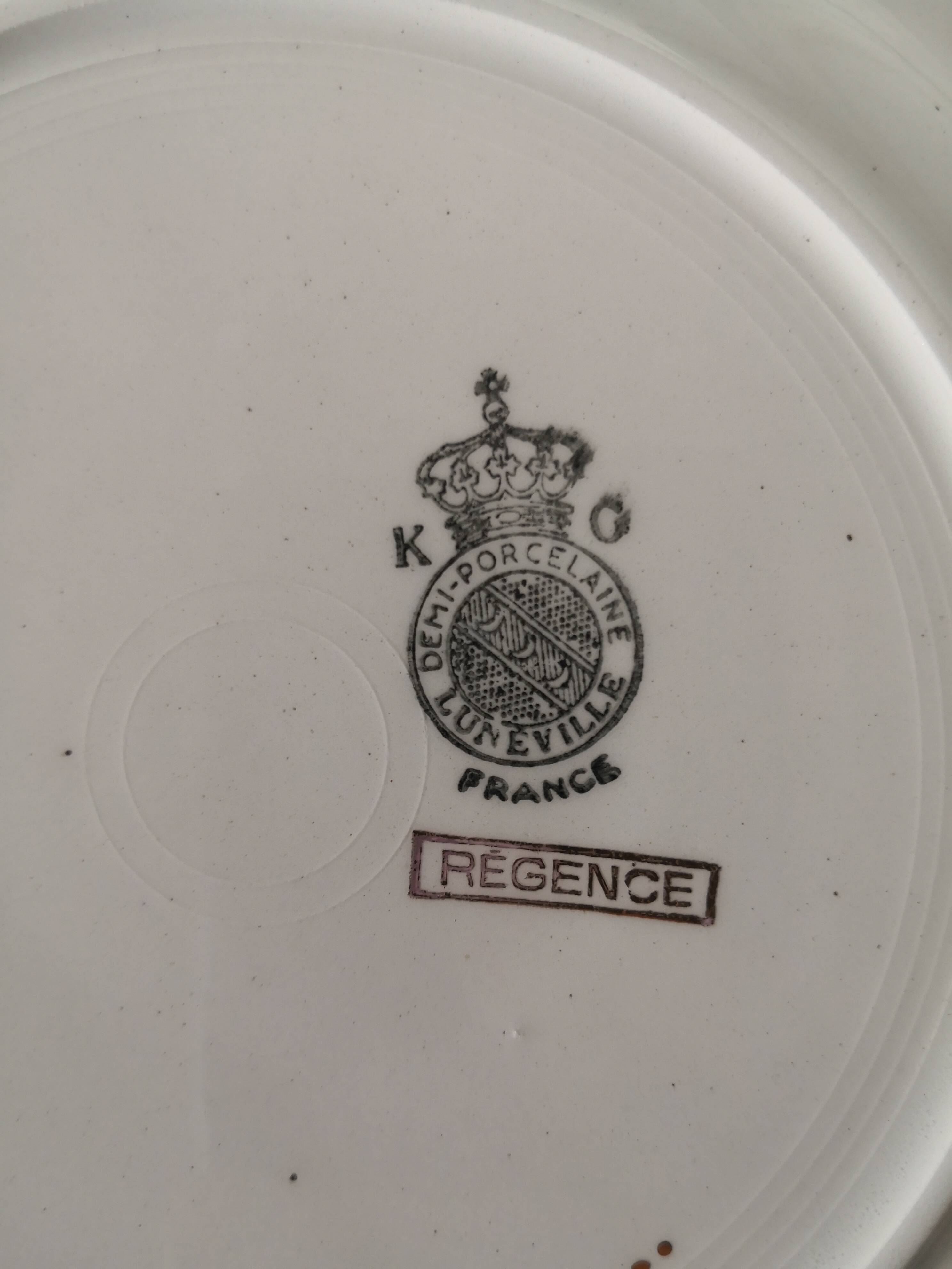 set of 8 Lunéville dessert plates, Regency model, green, white and gold