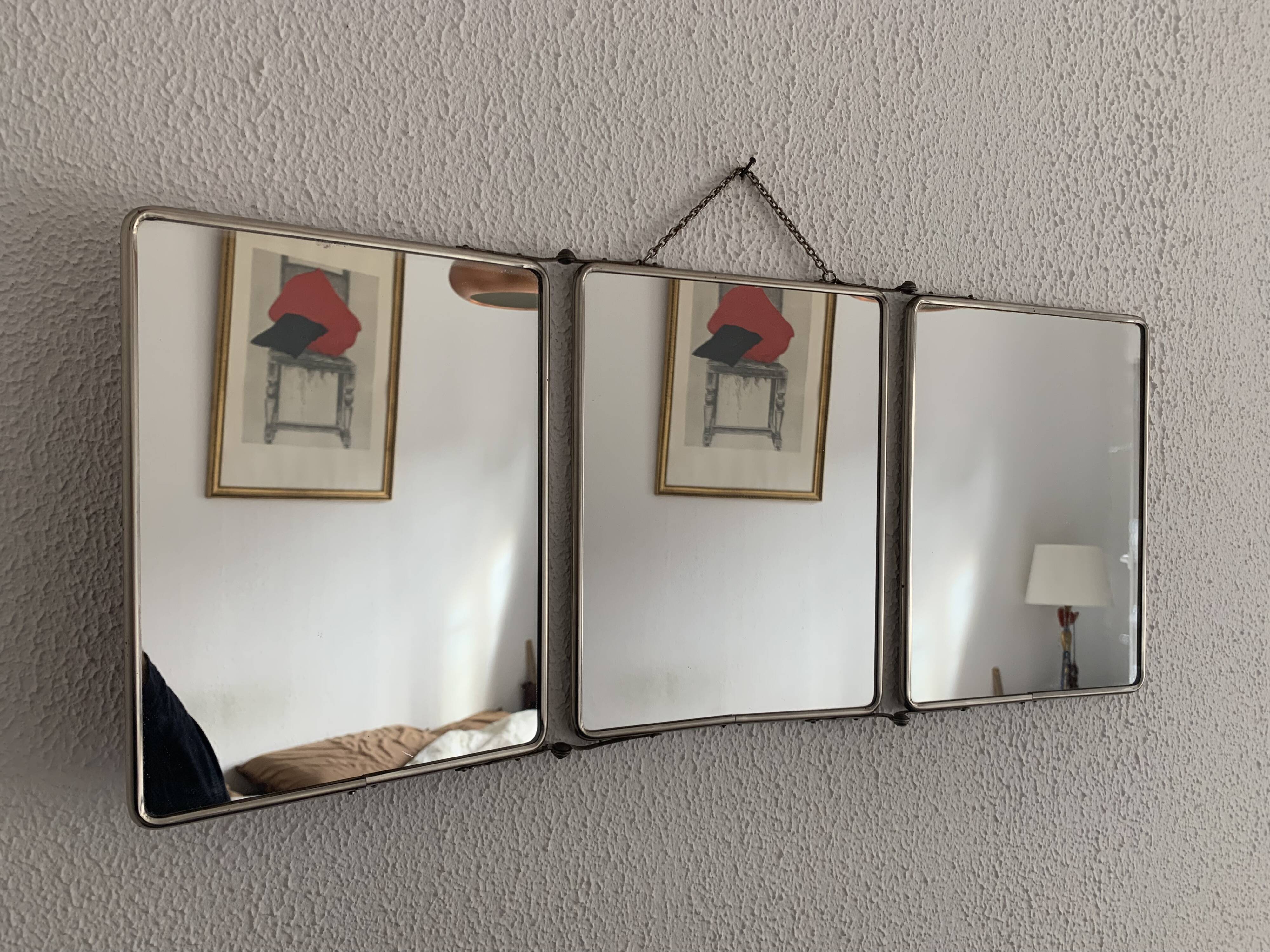 Vintage 1950s triptych barber's mirror, terracotta - 27 x 65 cm