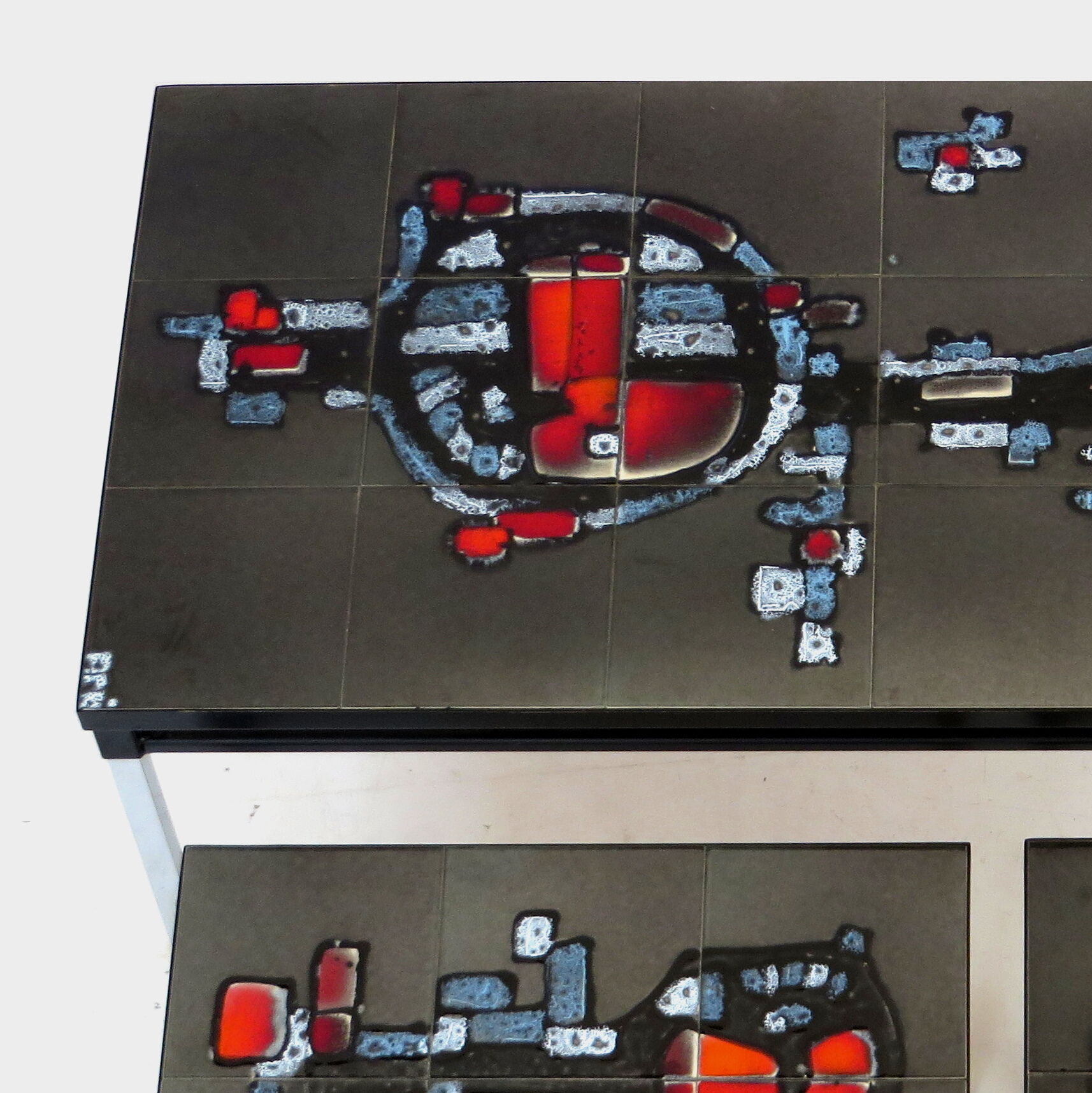 Vintage Adri Belgique ceramic nesting tables mimiset: 1 coffee table and 2 sidetables, 1960s