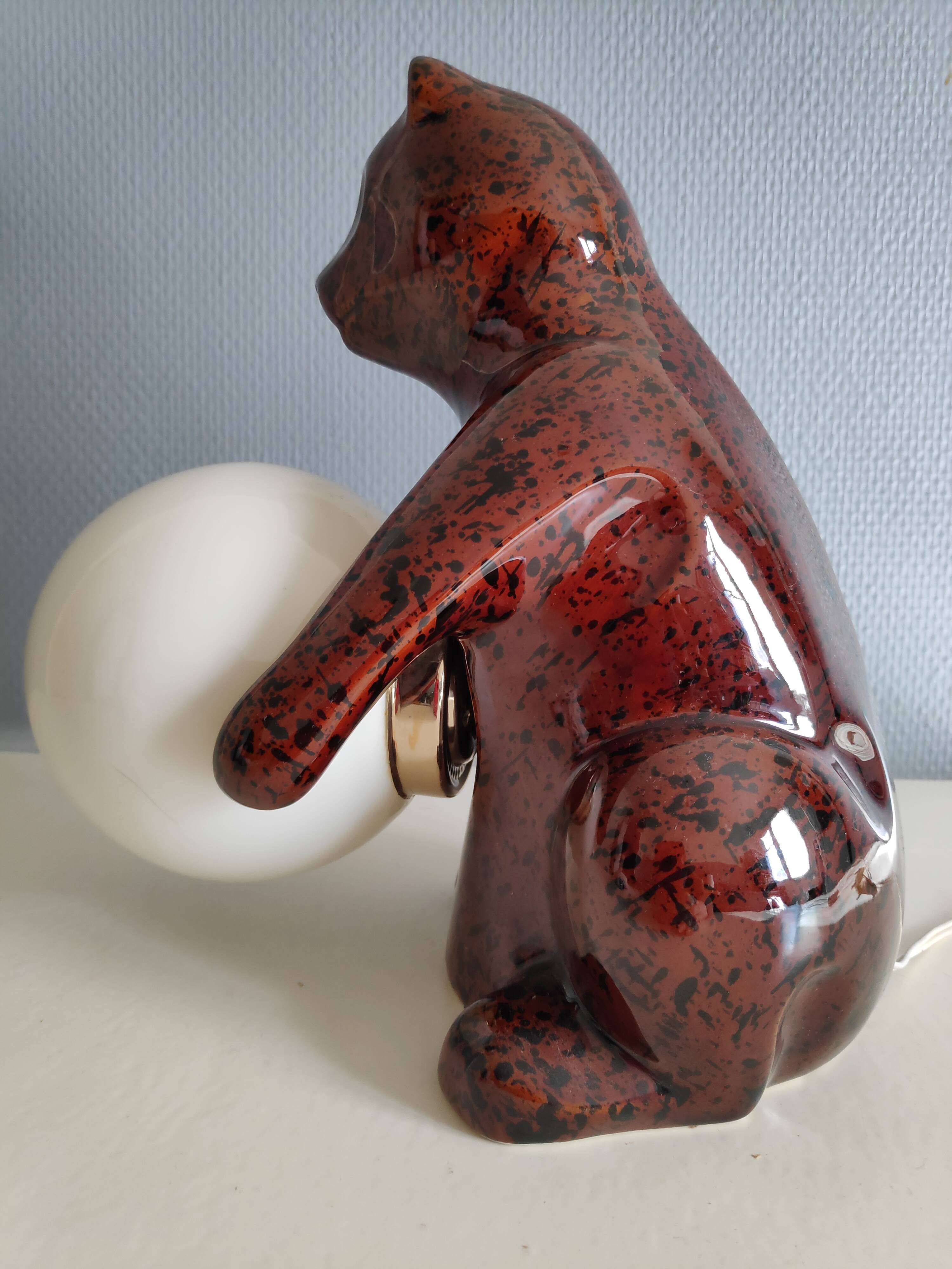 vintage bear lamp in brown ceramic and white opaline globe