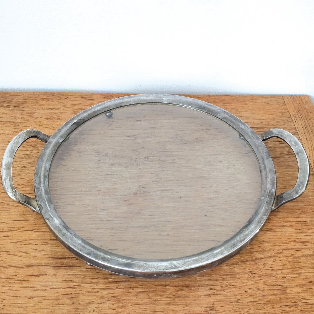 Plateau apéritif vintage en verre et métal