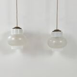 Pair of vintage pendant lights, blown white glass, France, 1970.