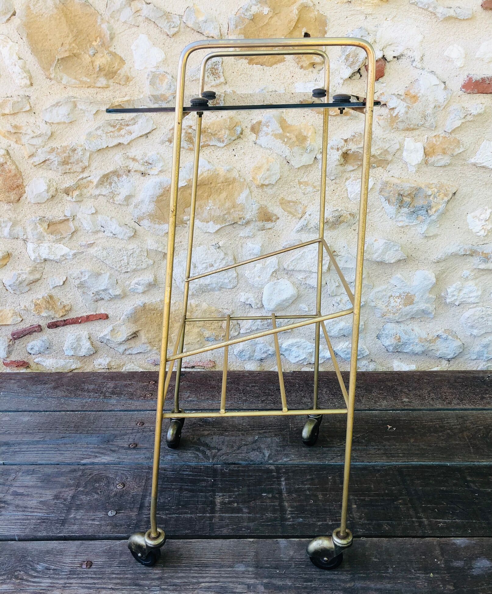 Vintage side table in brass and smoked glass, 1960