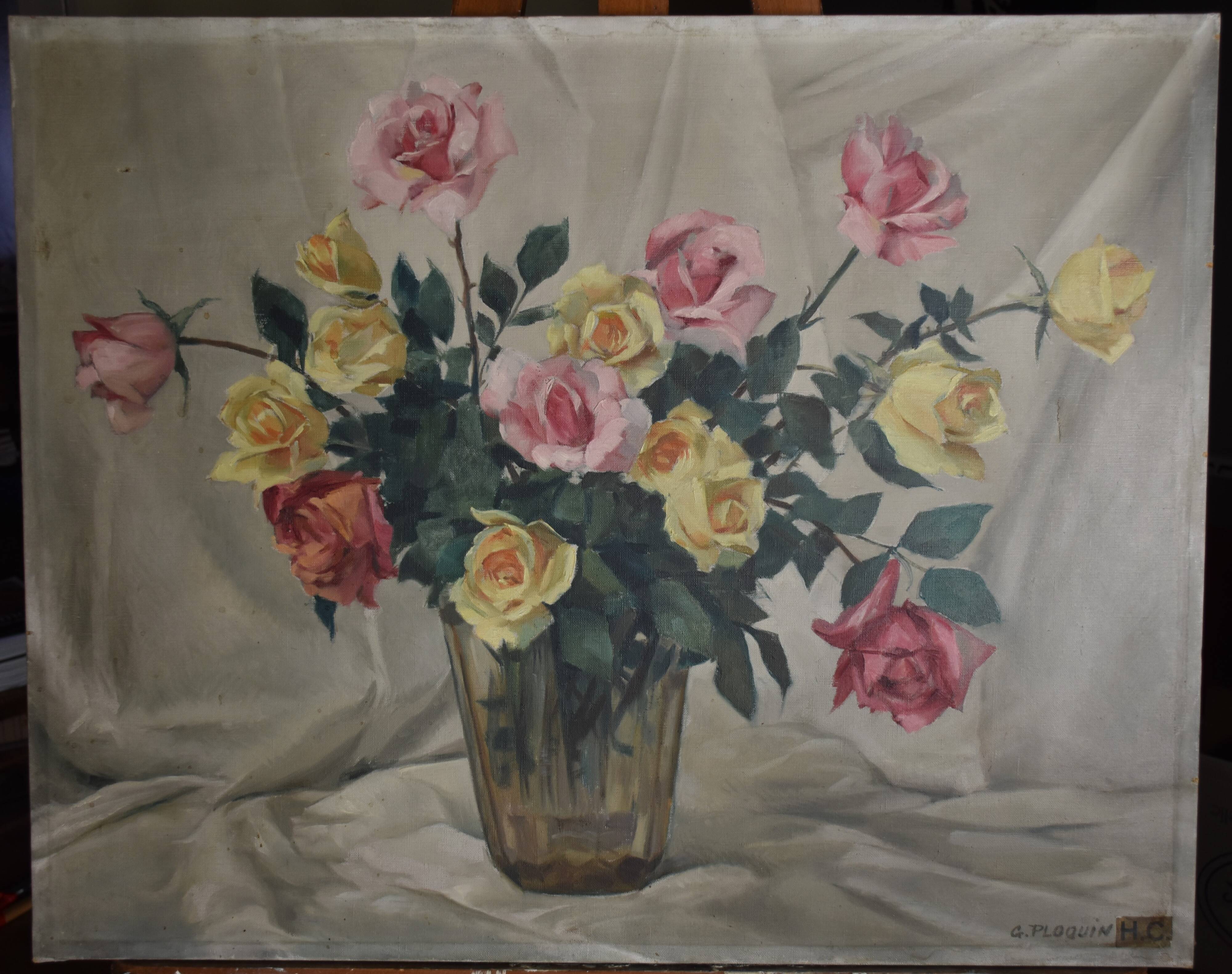 Gaston Ploquin, Roses in a glass vase (circa 1935)