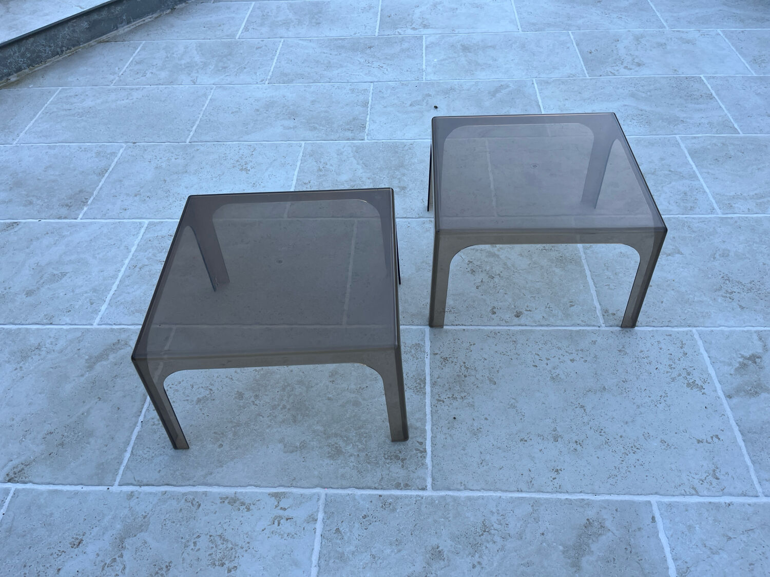 Pair of smoked plexiglass coffee tables 1970 side tables