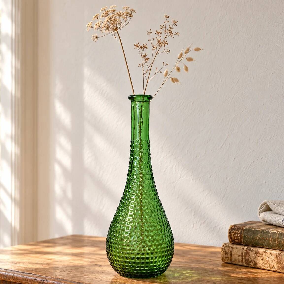 Vintage green glass bottle vase with geometric relief – H 33 cm