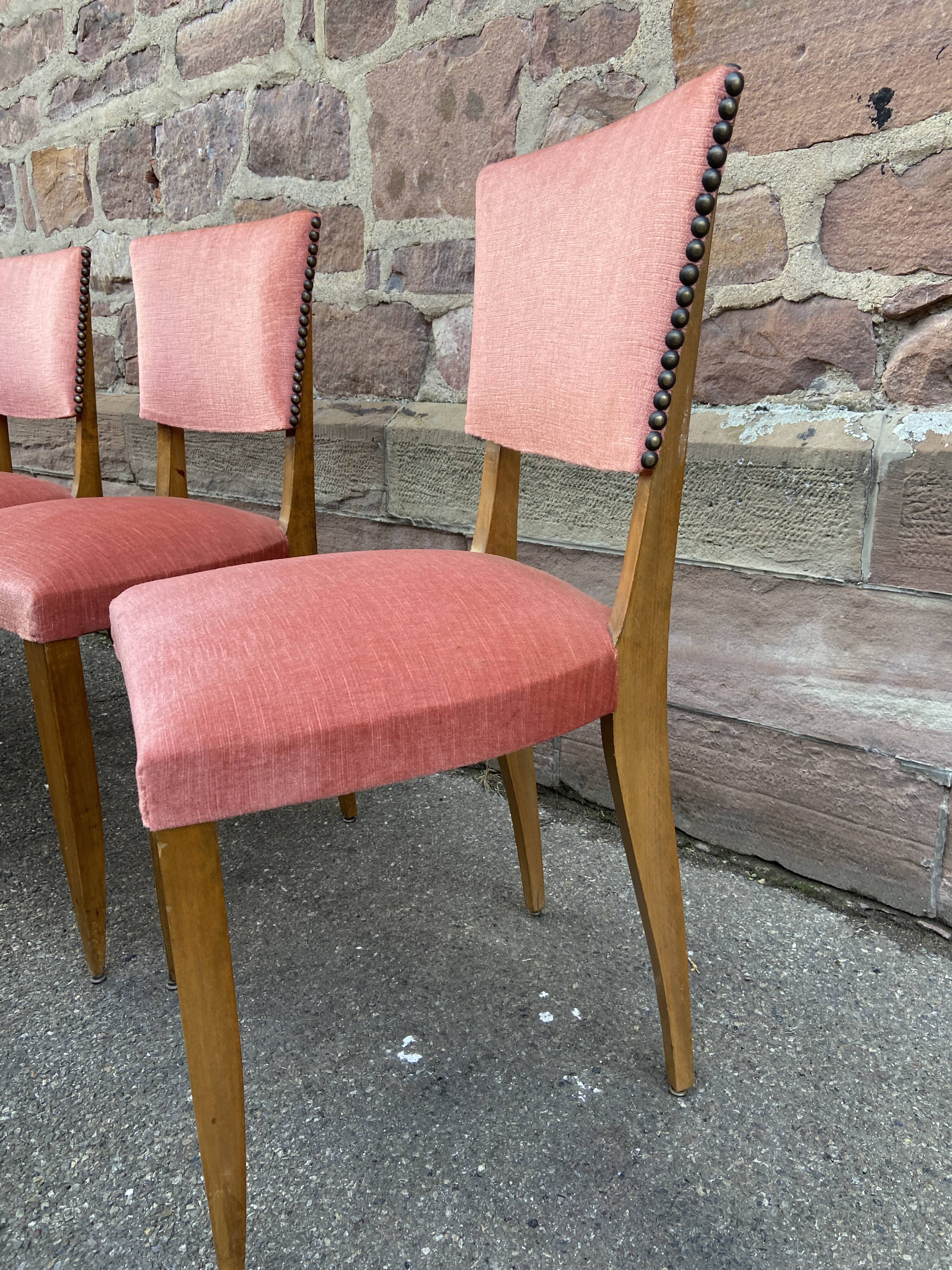 Suite of 6 art deco chairs 1950 walnut & pink velvet