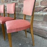 Suite of 6 art deco chairs 1950 walnut & pink velvet