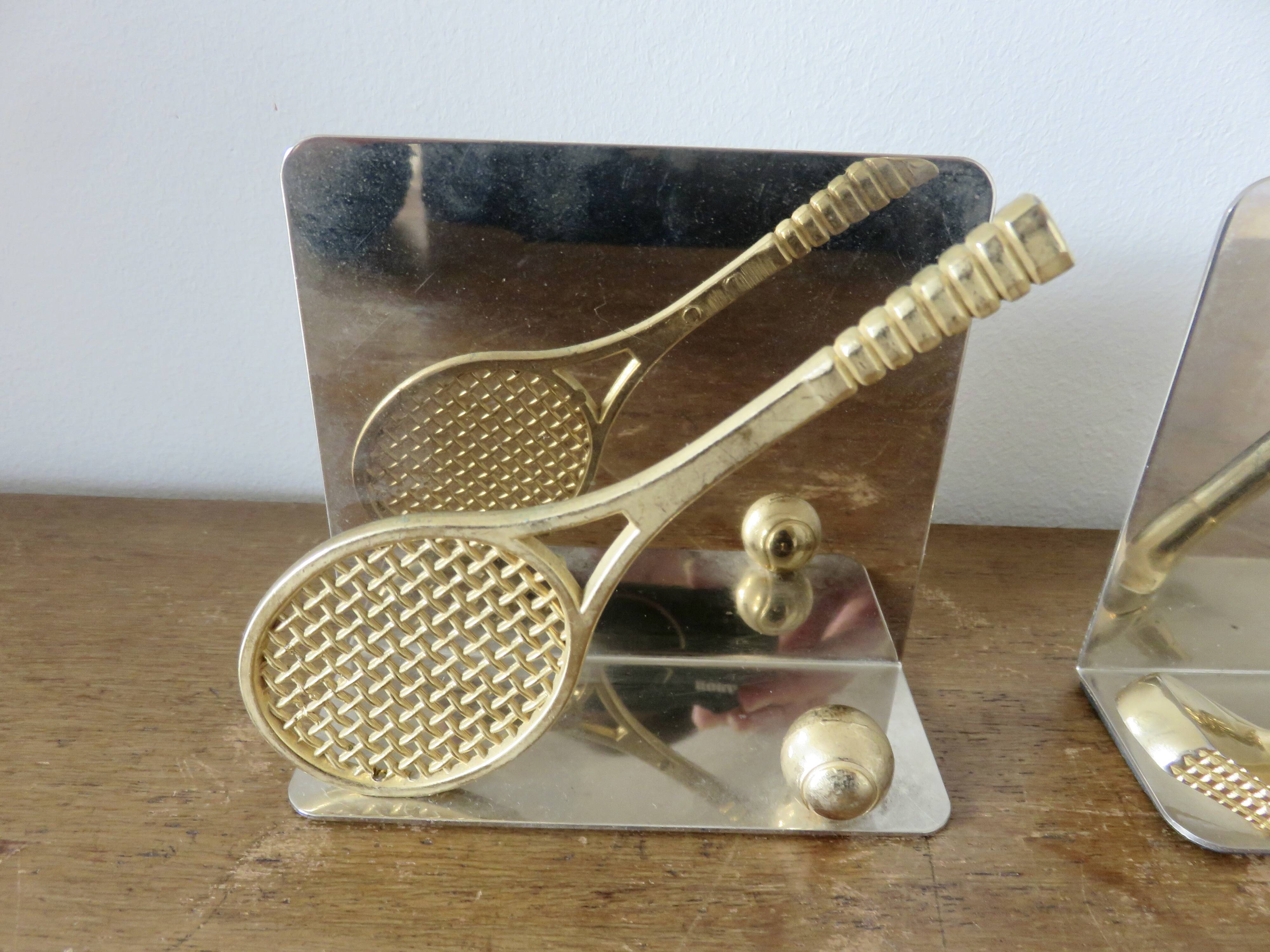 Serre livres en métal chromé et laiton "tennis & golf" années 70