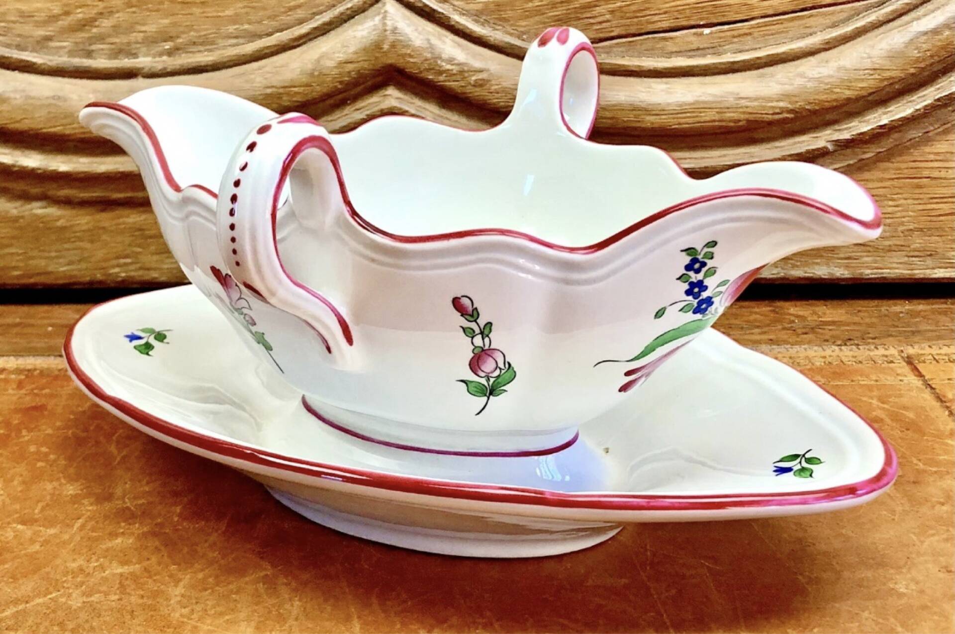 Old sauceboat earthenware Lunéville model lantern pink tulip