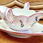 Ancienne saucière faïence Lunéville modèle réverbère rose tulipe