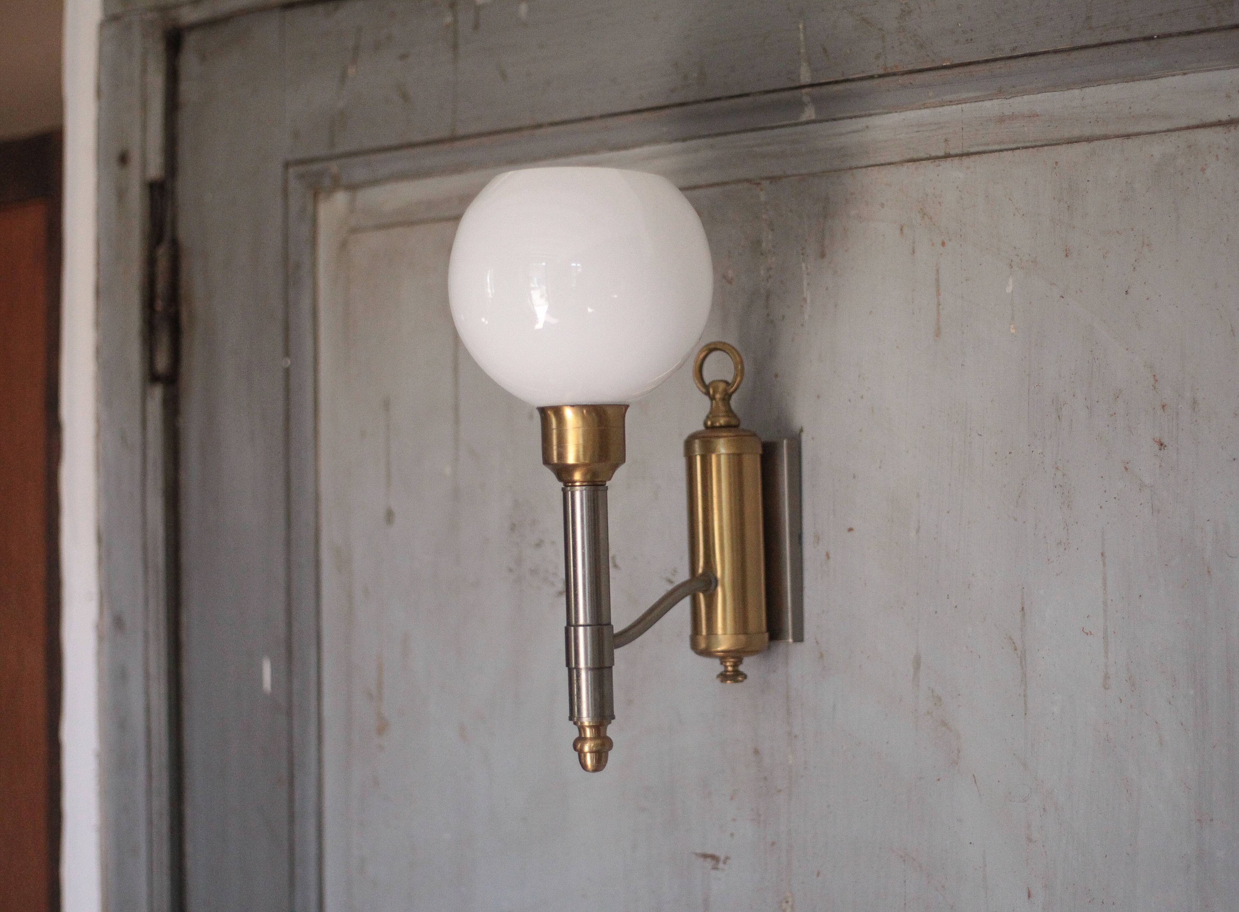 Pair of brass and white opaline wall lights, vintage wall light