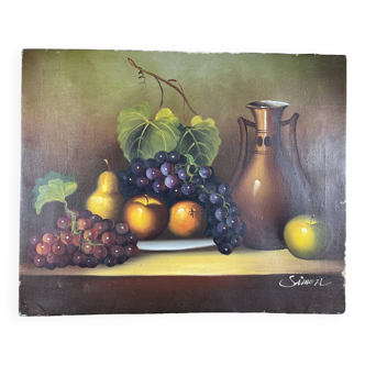 Tableau nature morte aux fruits et grappe de raisin