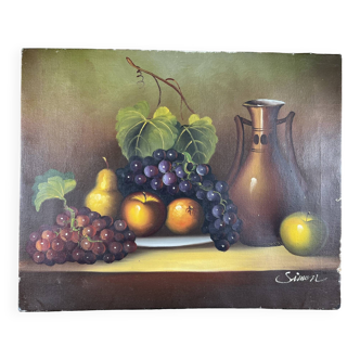 Still life painting with fruit and bunch of grapes