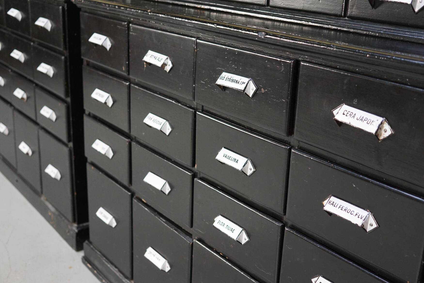 Large pair of antique apothecary cabinets painted black, Eastern Europe, 1910s