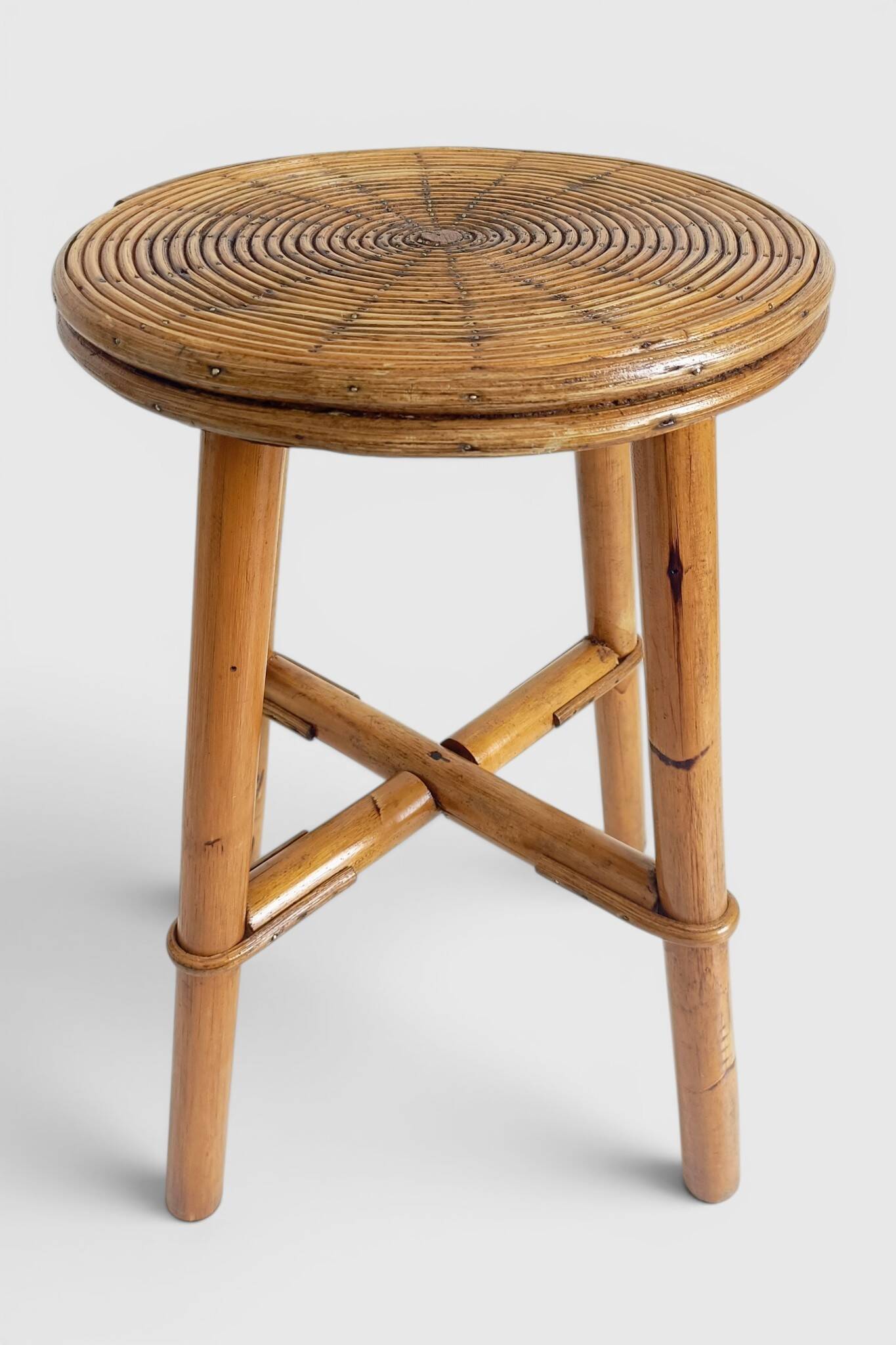 Vintage Rattan and Bamboo Accent Side Table / Stool, Spain, 1970s